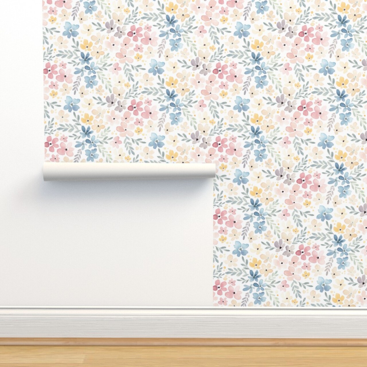 Whimsical Floral Watercolor Flowers Nature Botanical Pink Blue Pastel Spring Custom Removable Wallpaper by Spoonflower Peel & Stick Wallpaper 2FT Wide